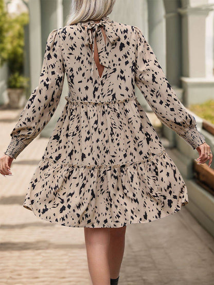 Frill Printed Mock Neck Long Sleeve Mini Dress - Siennasass