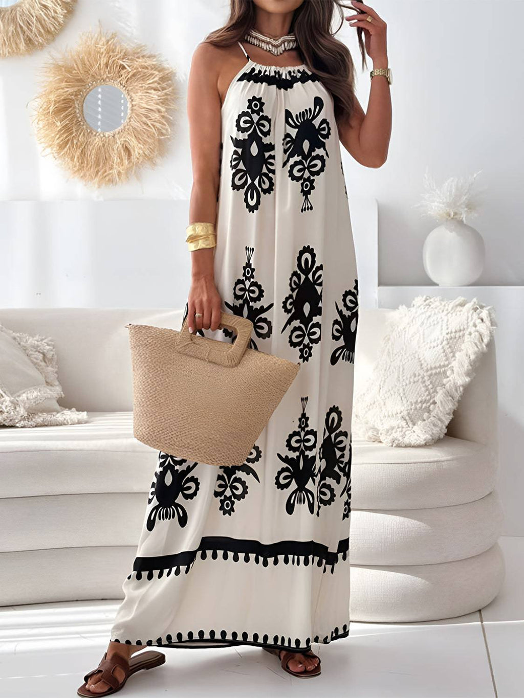 Printed Spaghetti Strap Sleeveless Maxi Dress - Siennasass