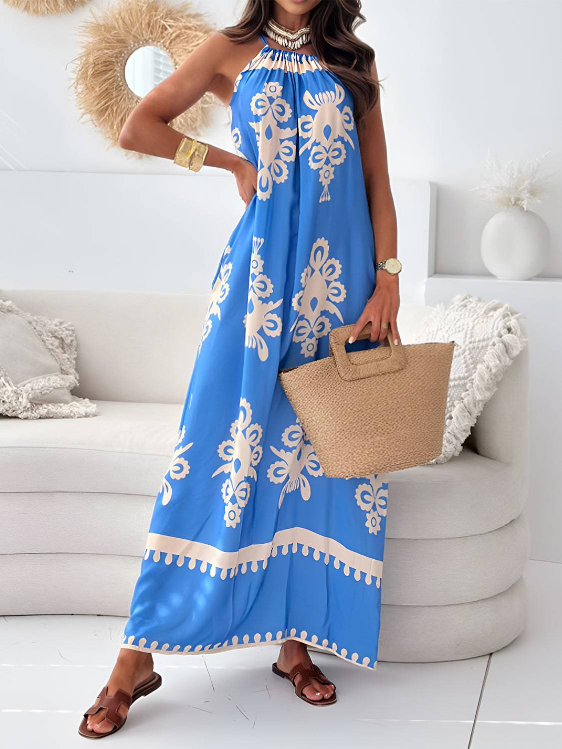 Printed Spaghetti Strap Sleeveless Maxi Dress - Siennasass