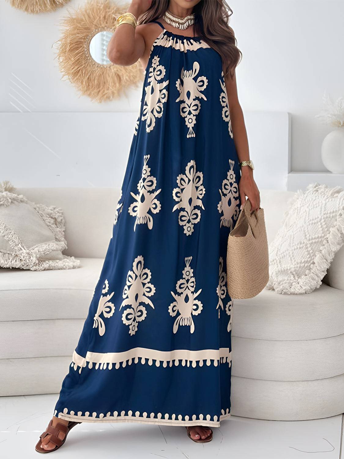 Printed Spaghetti Strap Sleeveless Maxi Dress - Siennasass