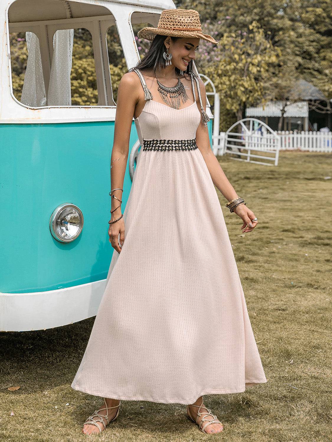 Waffle-Knit Tied Spaghetti Strap Dress - Siennasass