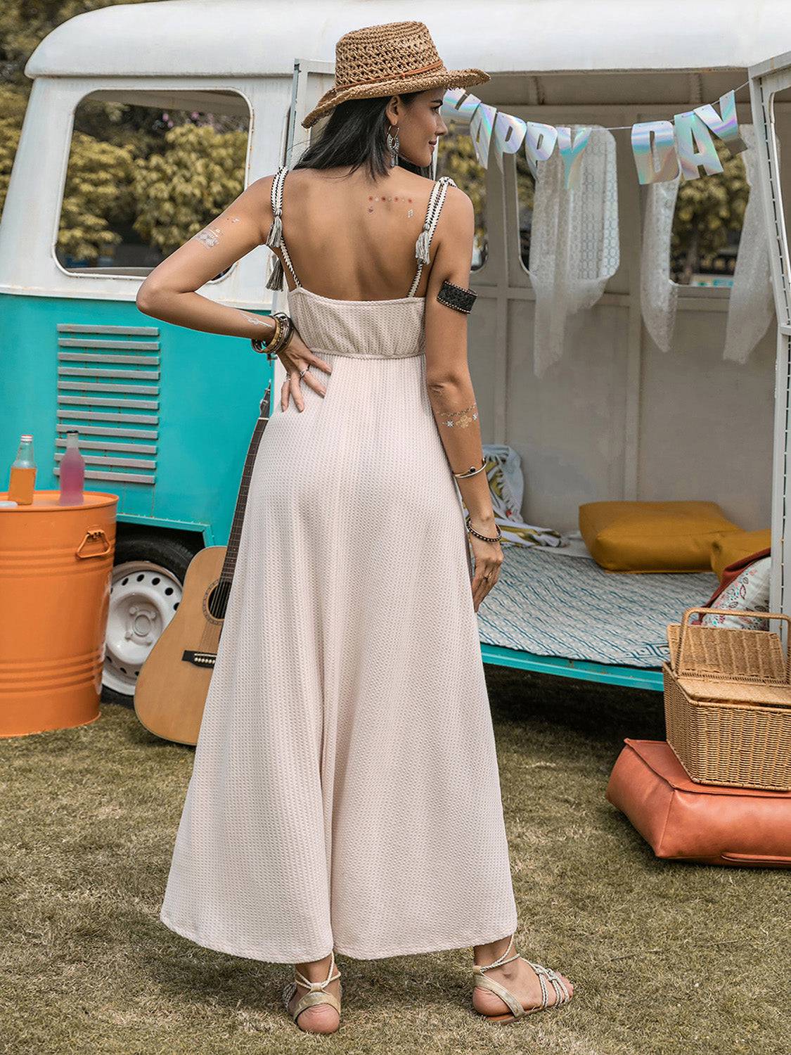 Waffle-Knit Tied Spaghetti Strap Dress - Siennasass