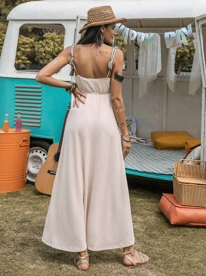 Waffle-Knit Tied Spaghetti Strap Dress - Siennasass