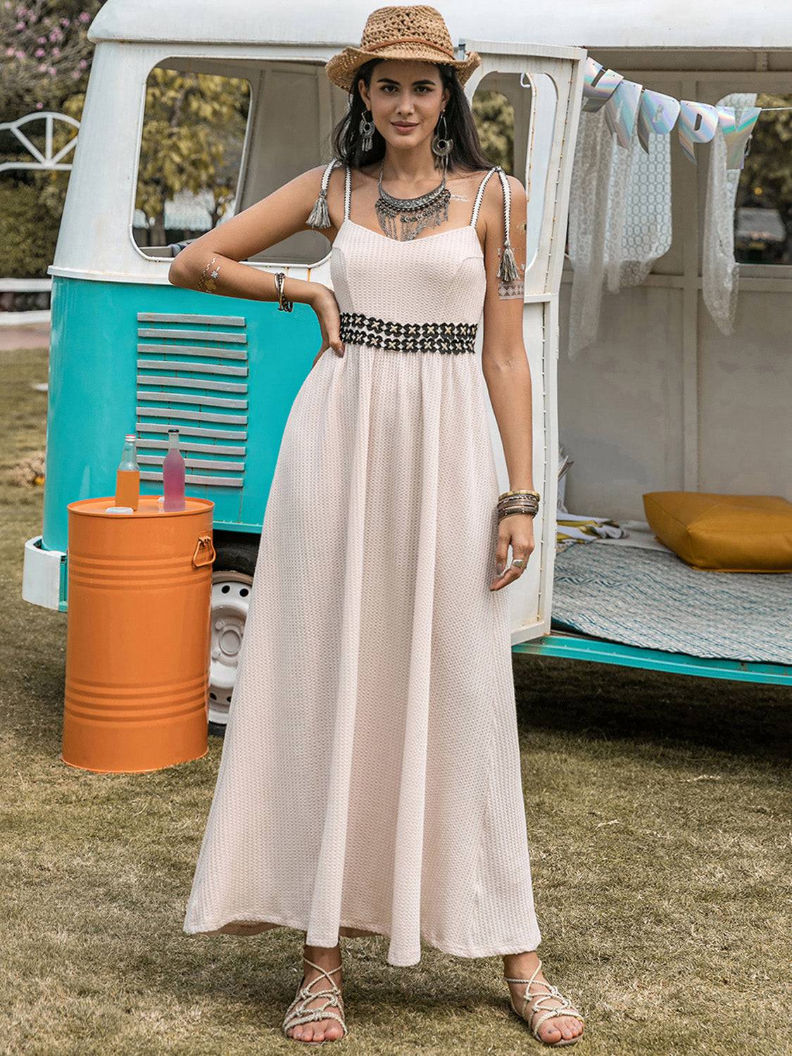 Waffle-Knit Tied Spaghetti Strap Dress - Siennasass