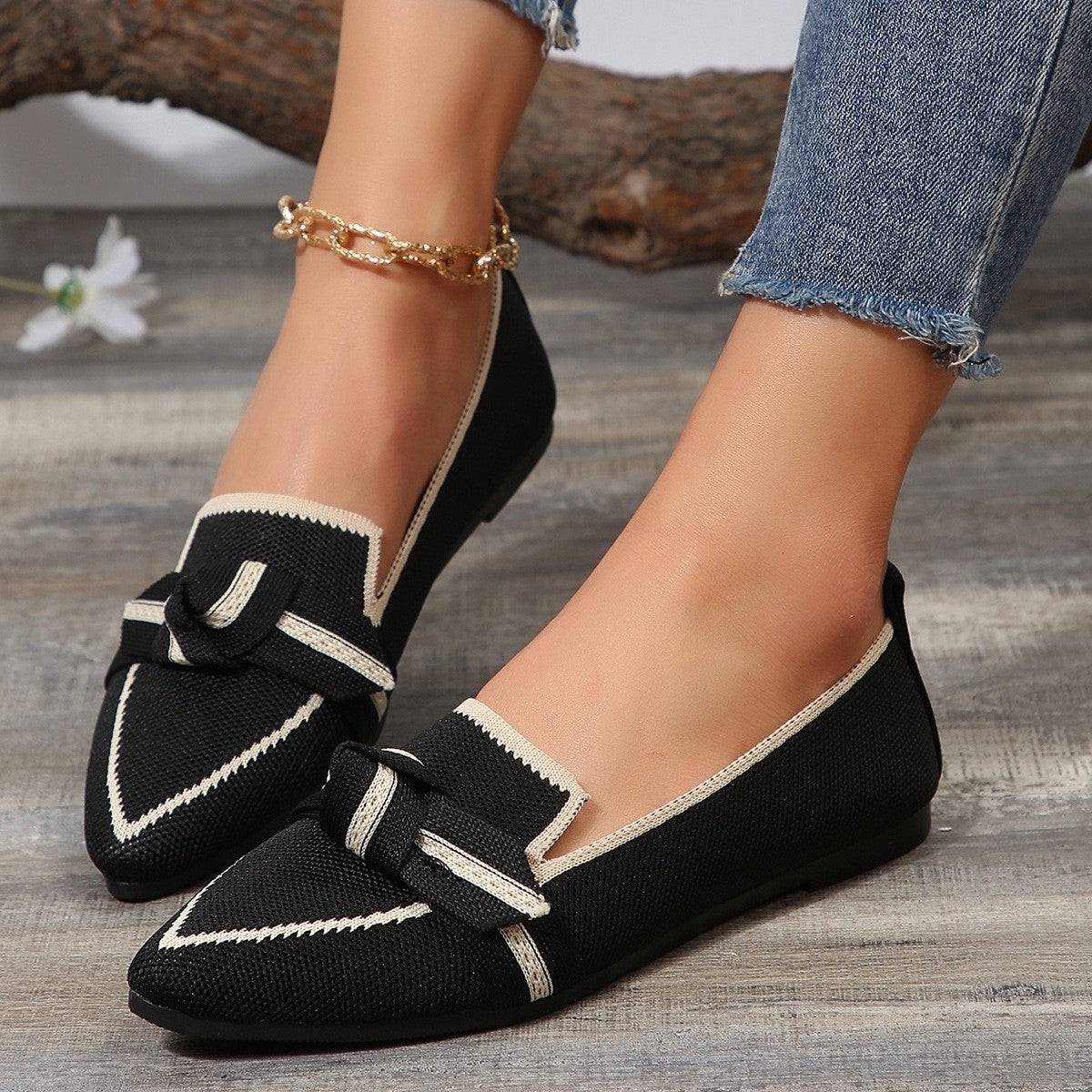 Bow Contrast Trim Point Toe Loafers - Siennasass