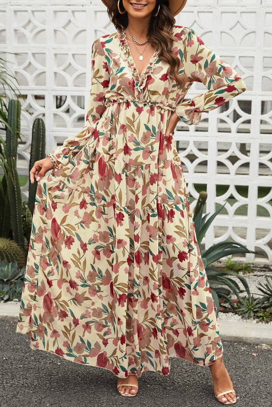 Floral Frill Trim Flounce Sleeve Plunge Maxi Dress - Siennasass