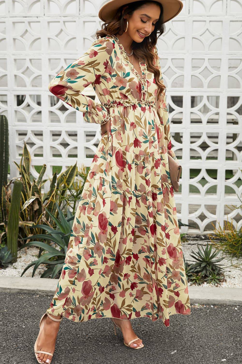 Floral Frill Trim Flounce Sleeve Plunge Maxi Dress - Siennasass