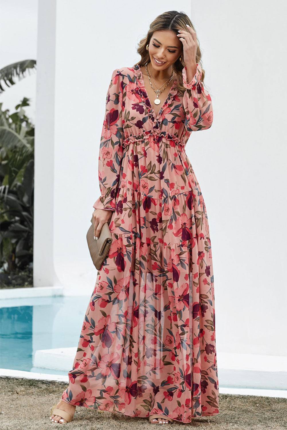 Floral Frill Trim Flounce Sleeve Plunge Maxi Dress - Siennasass