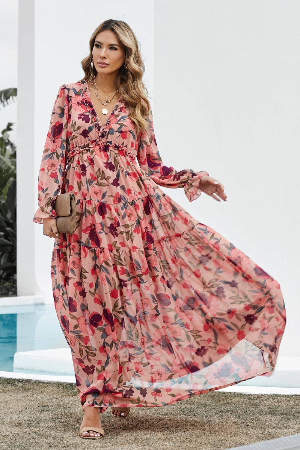 Floral Frill Trim Flounce Sleeve Plunge Maxi Dress - Siennasass
