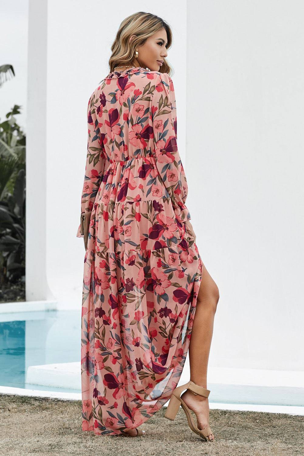 Floral Frill Trim Flounce Sleeve Plunge Maxi Dress - Siennasass