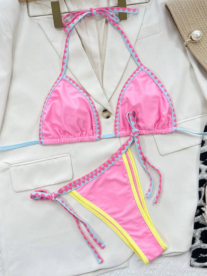 Contrast Trim Halter Neck Bikini Set - Siennasass