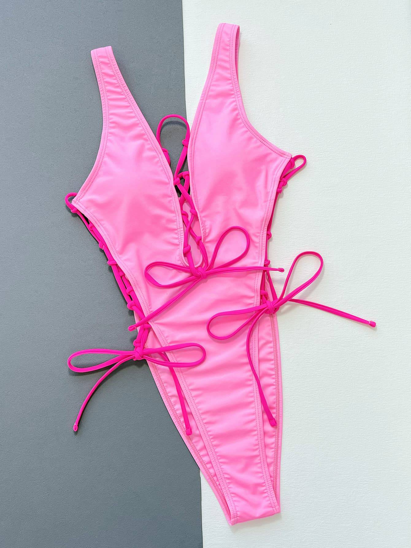 Lace-Up Deep V Sleeveless One-Piece Swimsuit - Siennasass