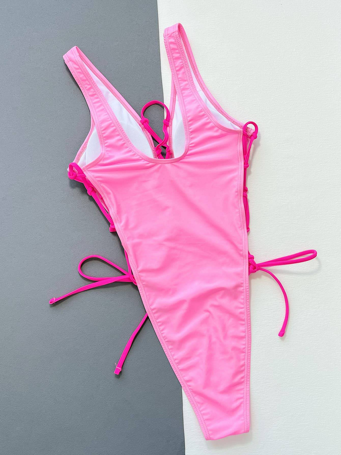 Lace-Up Deep V Sleeveless One-Piece Swimsuit - Siennasass