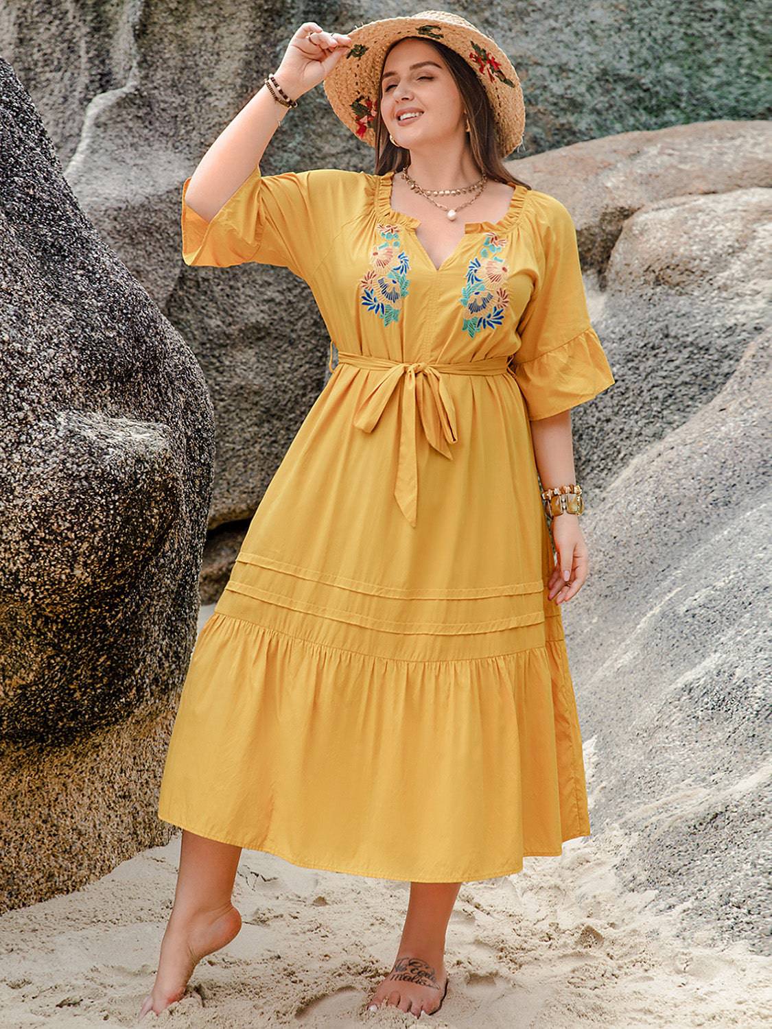 Plus Size Notched Tie Waist Half Sleeve Midi Dress - Siennasass