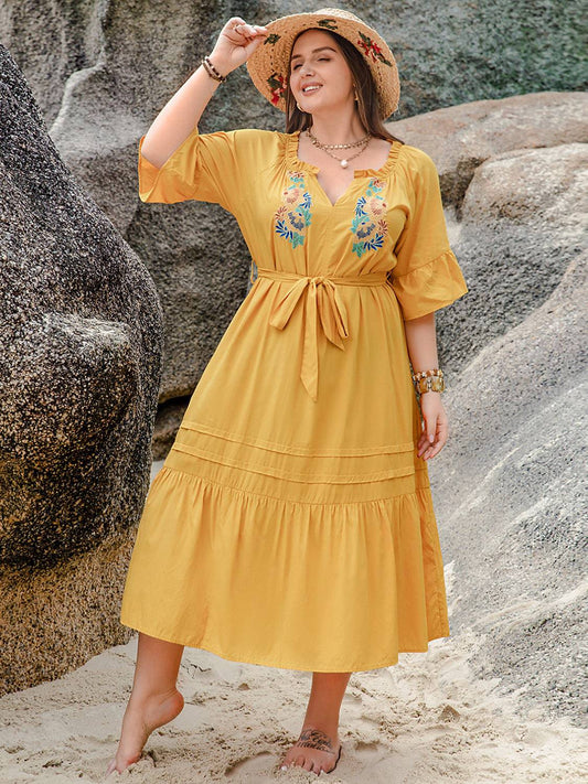 Plus Size Notched Tie Waist Half Sleeve Midi Dress - Siennasass