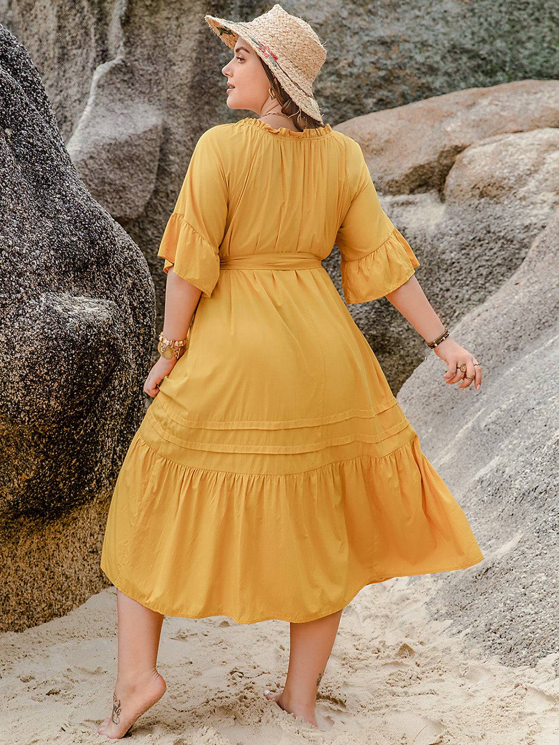 Plus Size Notched Tie Waist Half Sleeve Midi Dress - Siennasass