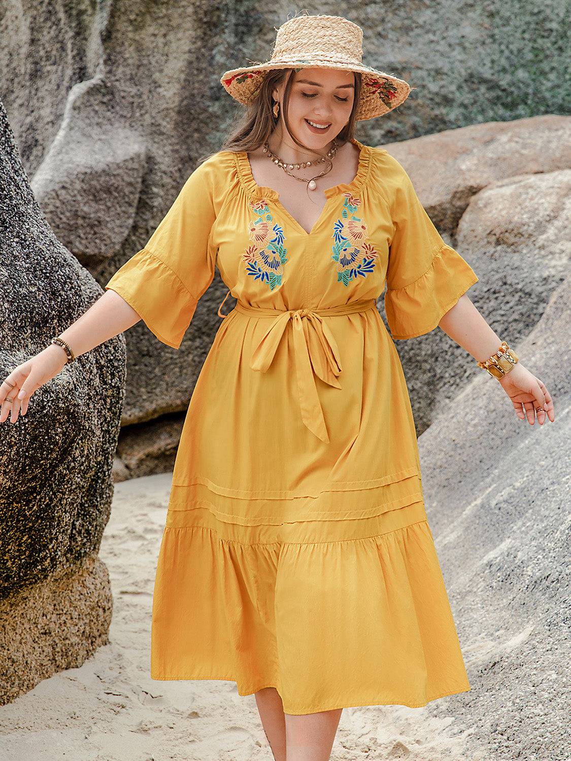Plus Size Notched Tie Waist Half Sleeve Midi Dress - Siennasass