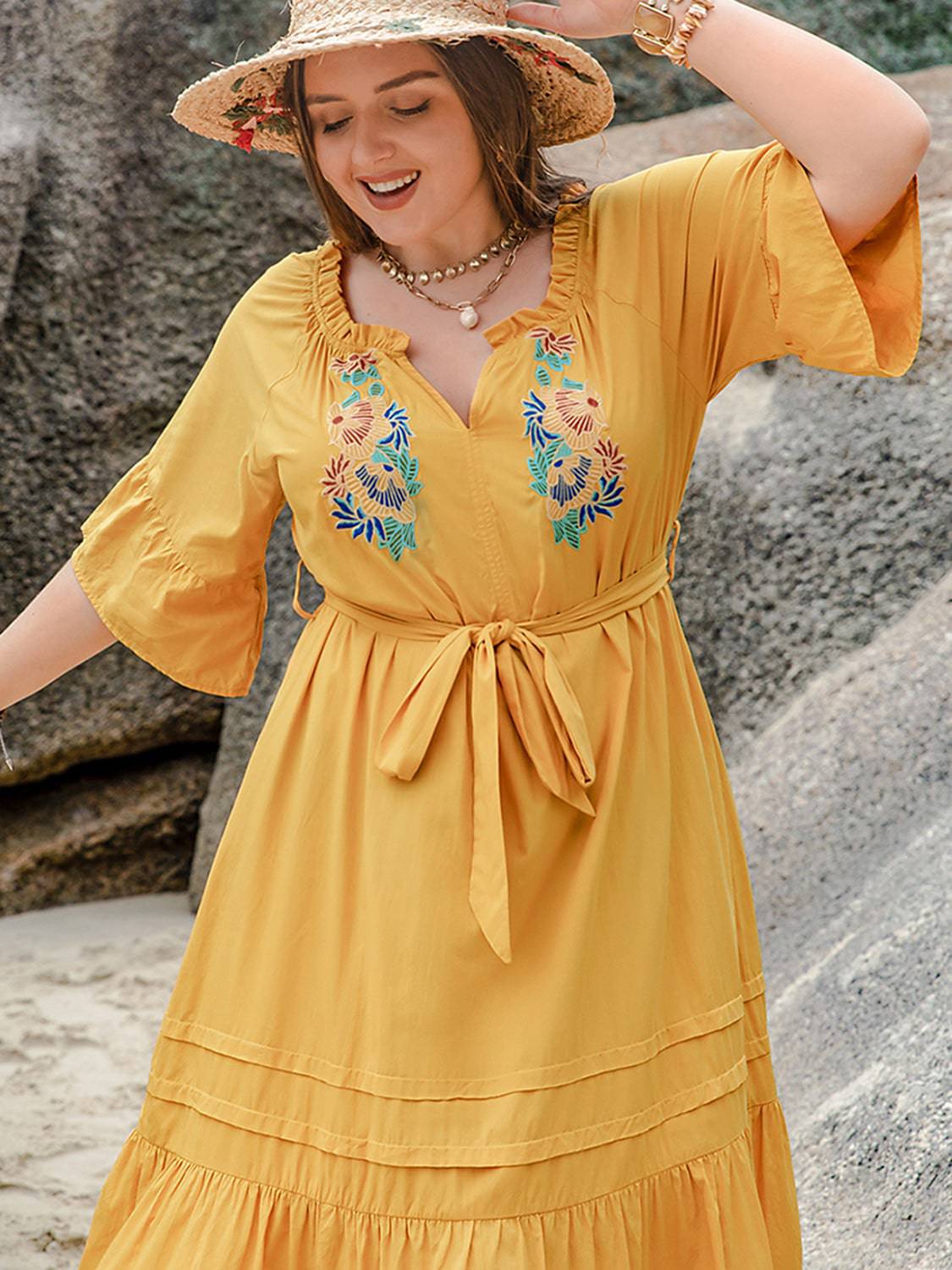 Plus Size Notched Tie Waist Half Sleeve Midi Dress - Siennasass