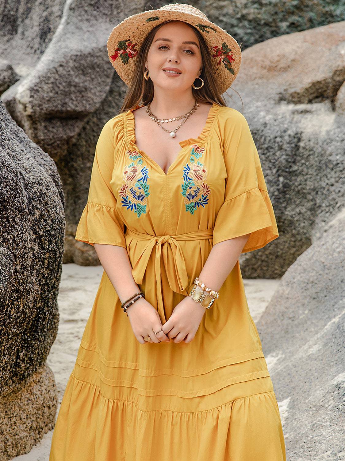 Plus Size Notched Tie Waist Half Sleeve Midi Dress - Siennasass