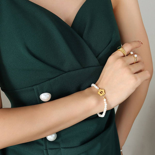 Titanium Steel Pearl Flower Bracelet - Siennasass