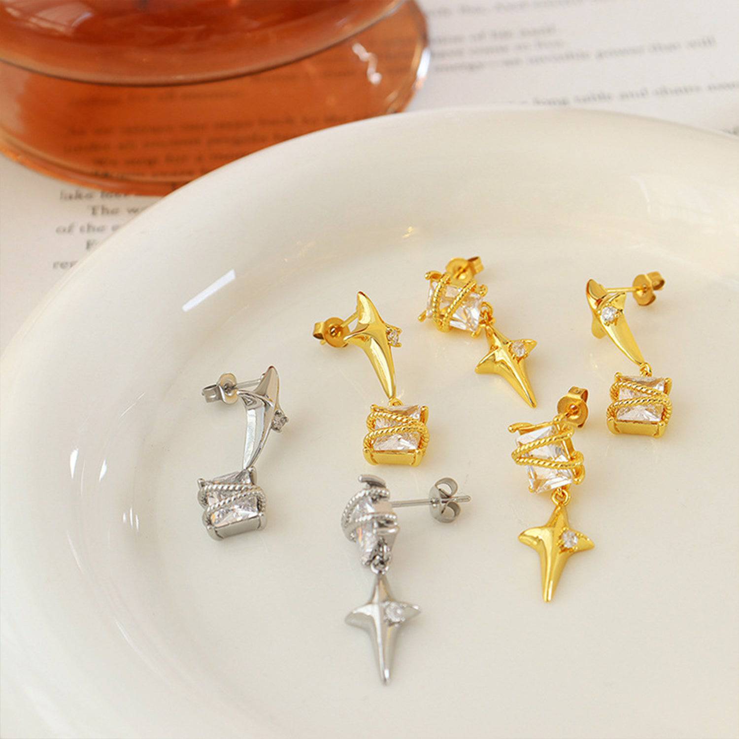 Zircon Copper Geometric Drop Earrings - Siennasass