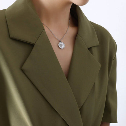 Zircon Titanium Steel Coin Shape Necklace - Siennasass