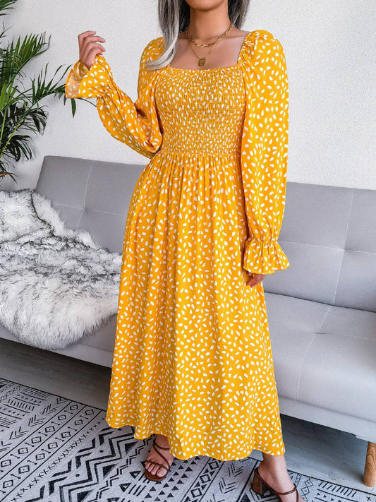 Smocked Square Neck Flounce Sleeve Dress - Siennasass