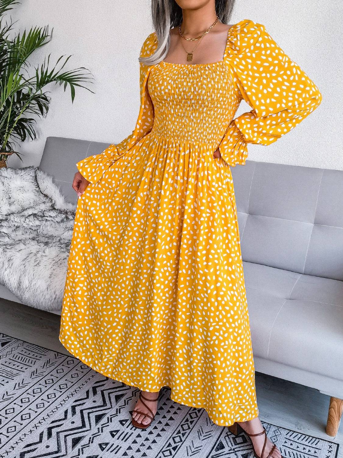 Smocked Square Neck Flounce Sleeve Dress - Siennasass