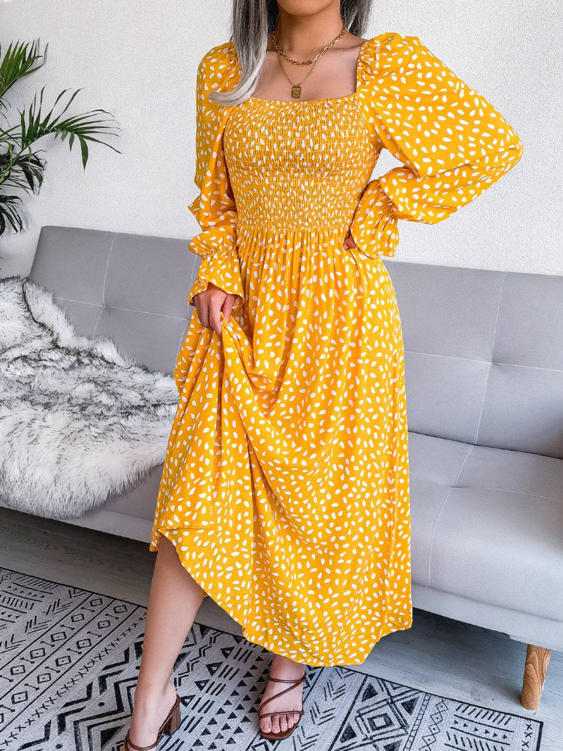Smocked Square Neck Flounce Sleeve Dress - Siennasass