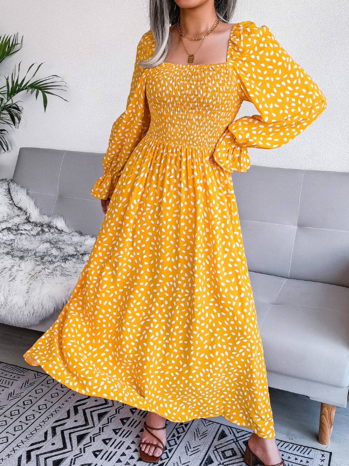 Smocked Square Neck Flounce Sleeve Dress - Siennasass