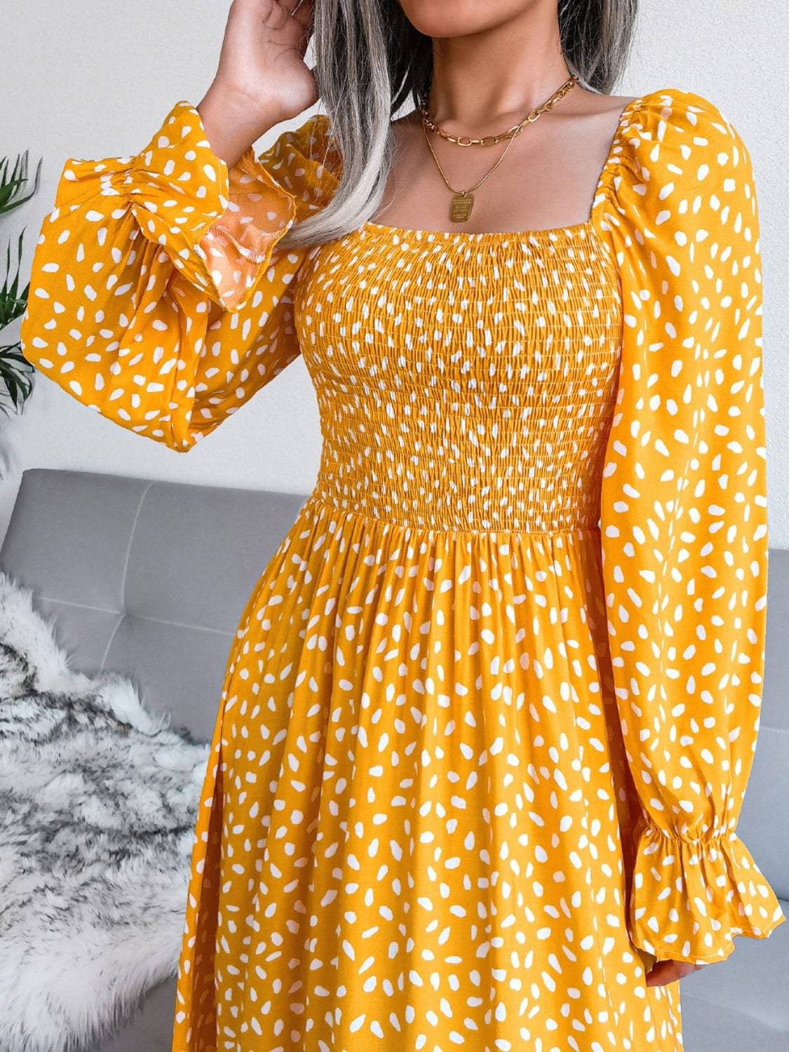 Smocked Square Neck Flounce Sleeve Dress - Siennasass