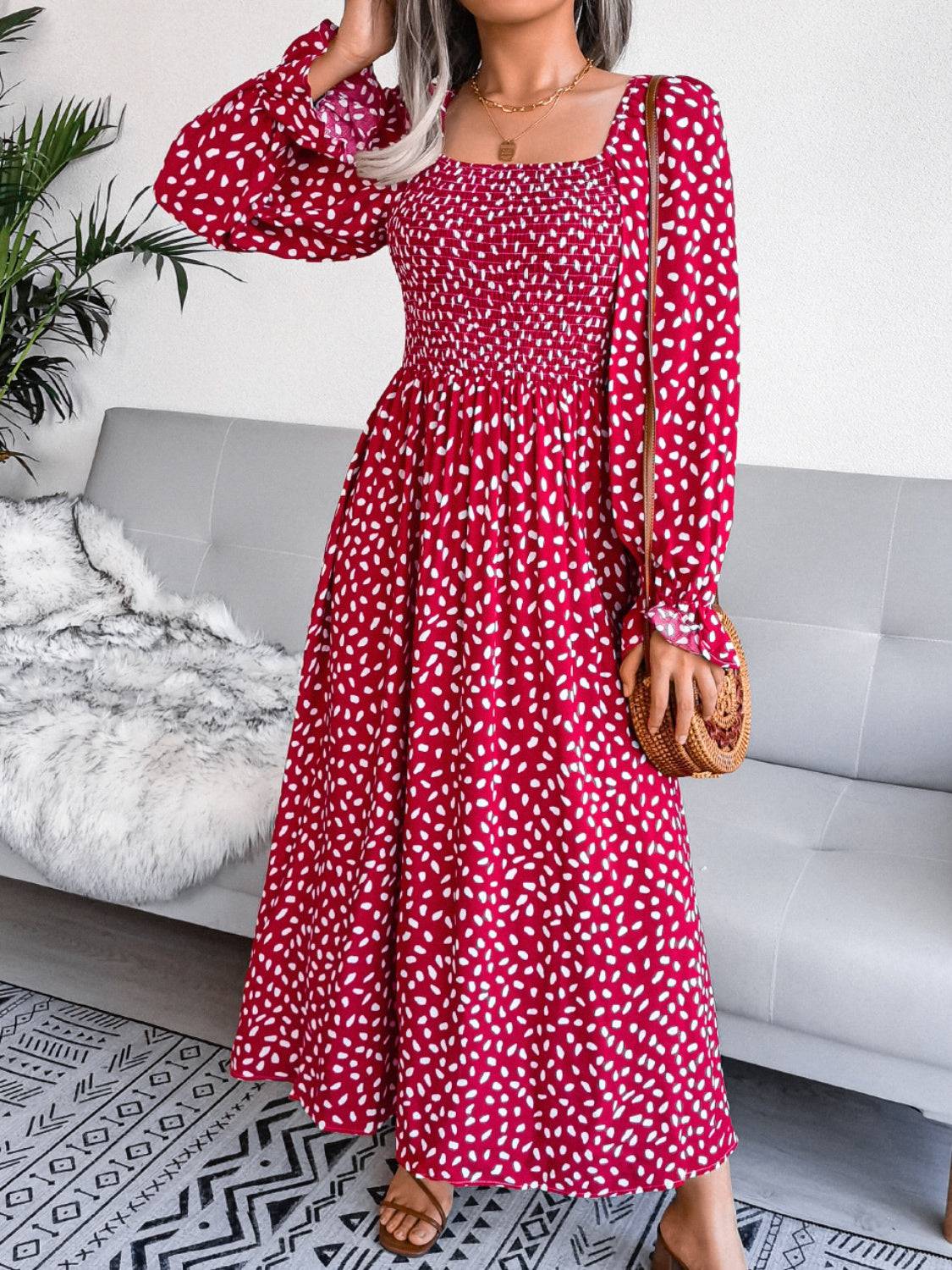 Smocked Square Neck Flounce Sleeve Dress - Siennasass