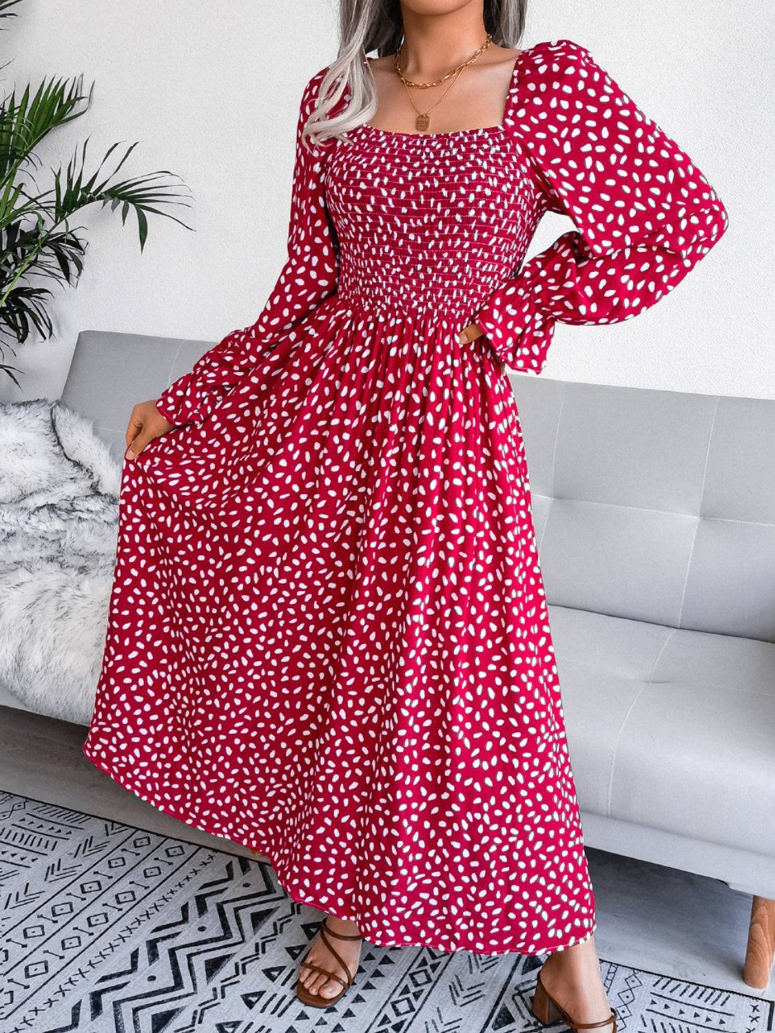 Smocked Square Neck Flounce Sleeve Dress - Siennasass