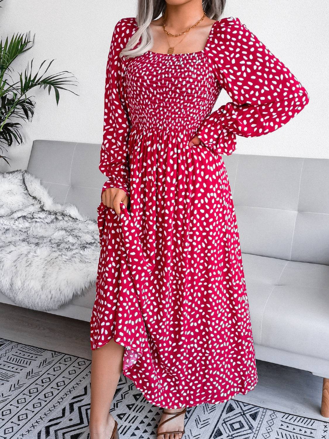 Smocked Square Neck Flounce Sleeve Dress - Siennasass