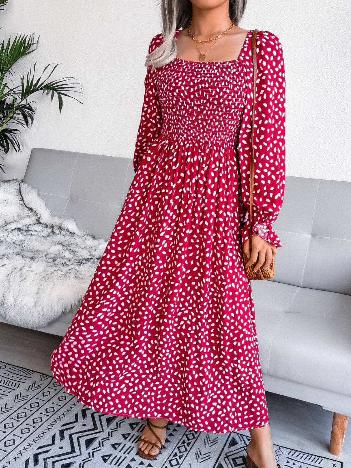 Smocked Square Neck Flounce Sleeve Dress - Siennasass
