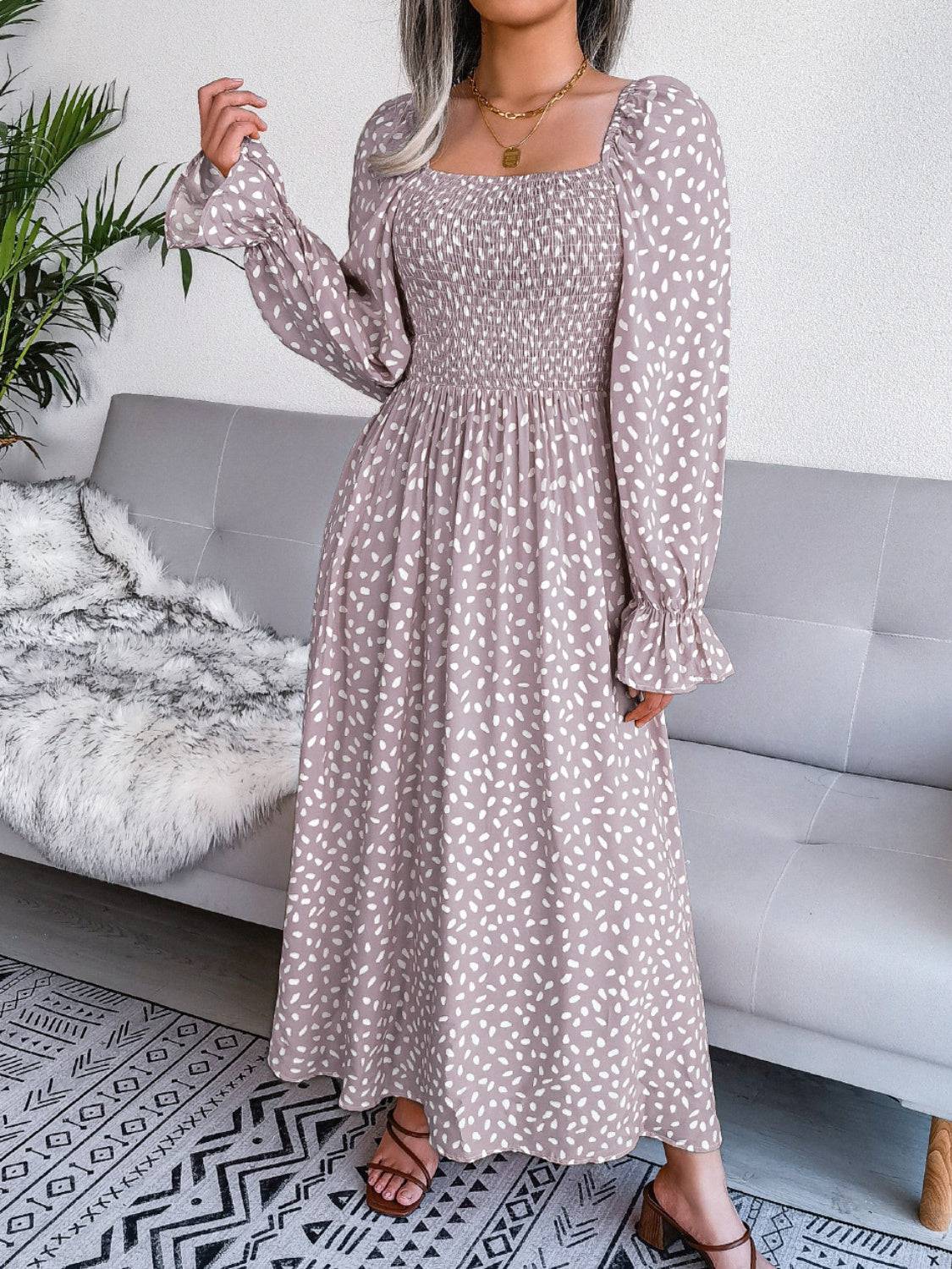 Smocked Square Neck Flounce Sleeve Dress - Siennasass