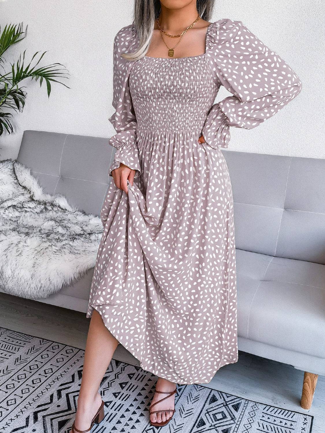 Smocked Square Neck Flounce Sleeve Dress - Siennasass