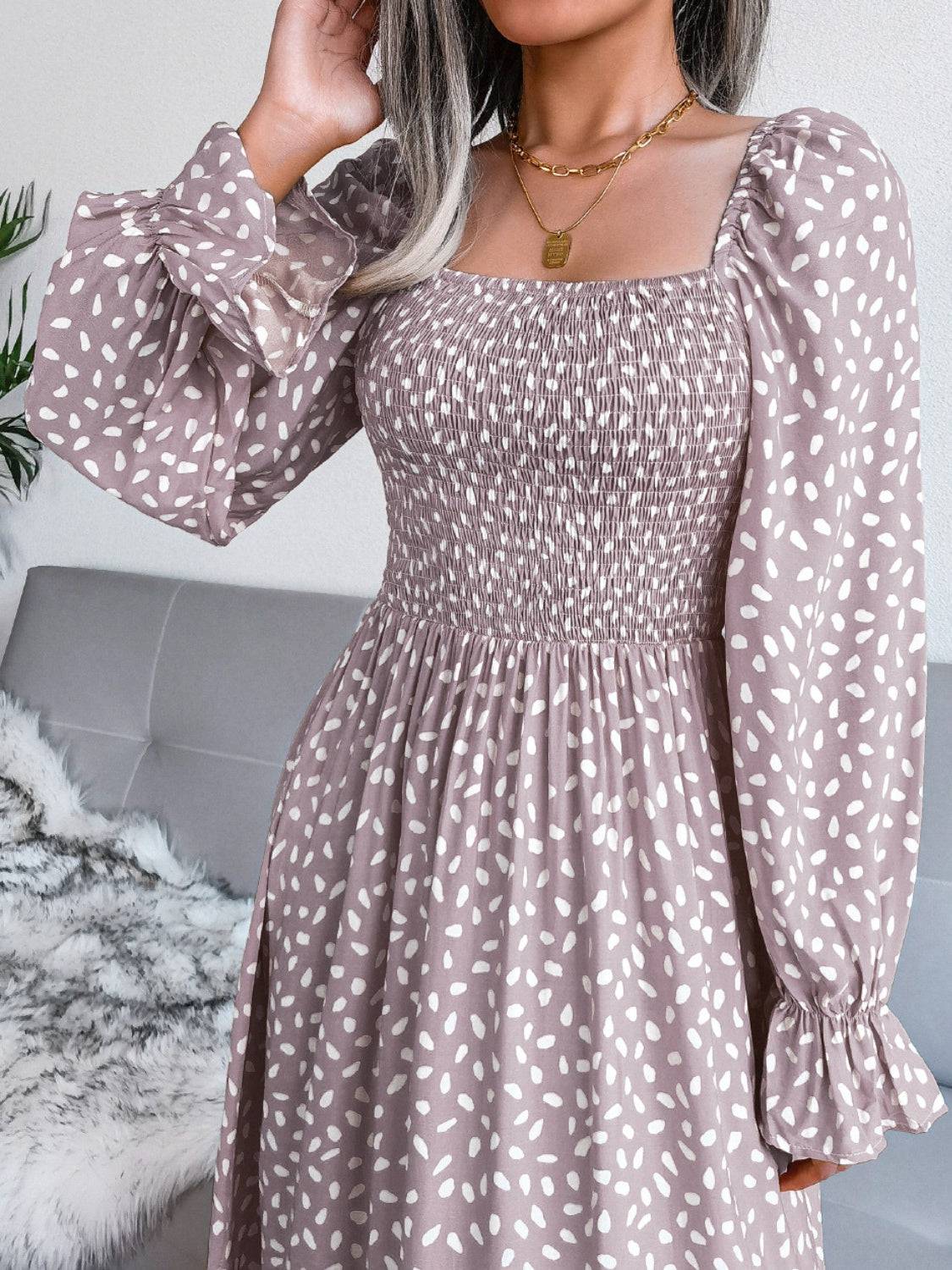 Smocked Square Neck Flounce Sleeve Dress - Siennasass