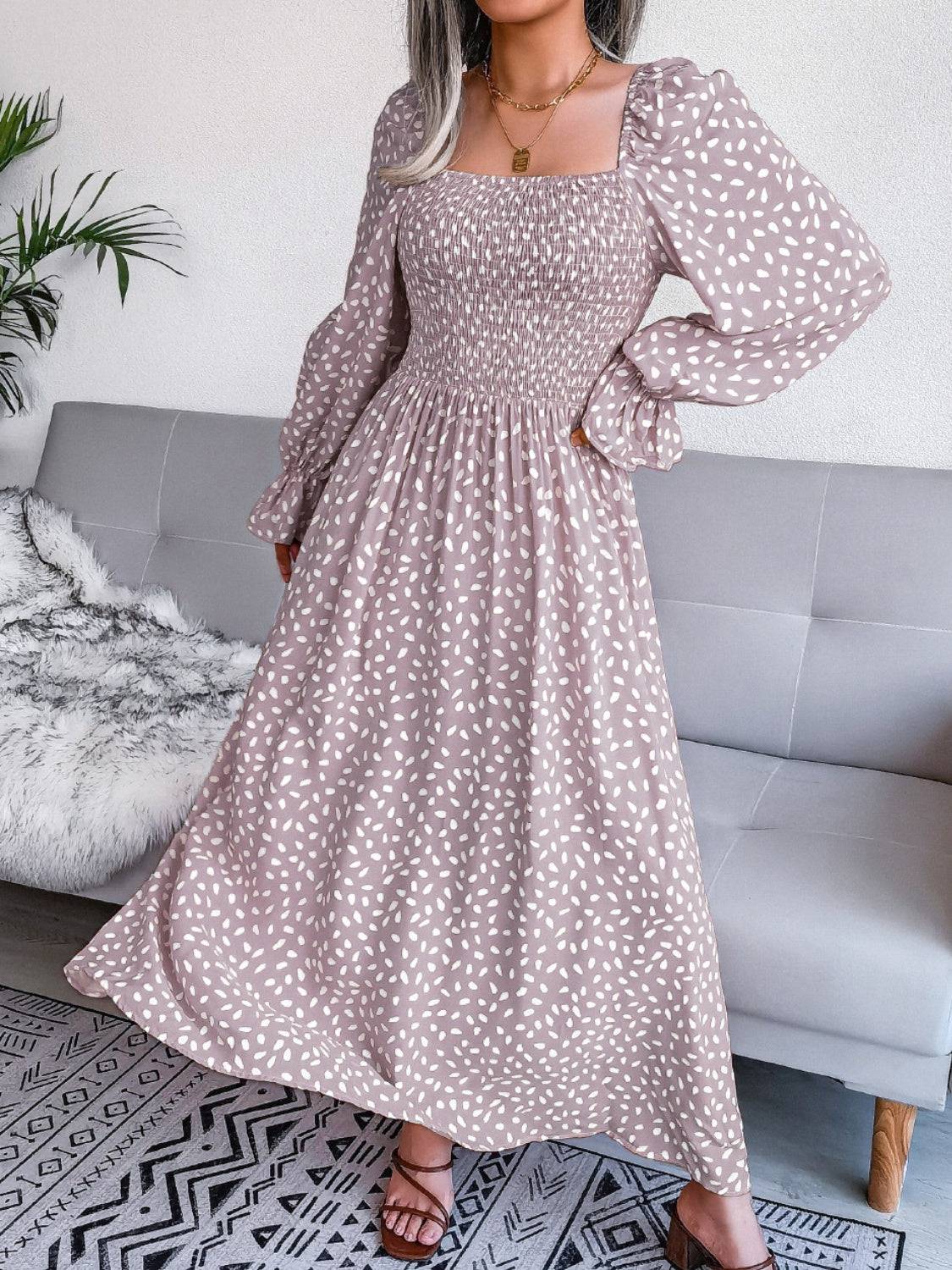 Smocked Square Neck Flounce Sleeve Dress - Siennasass