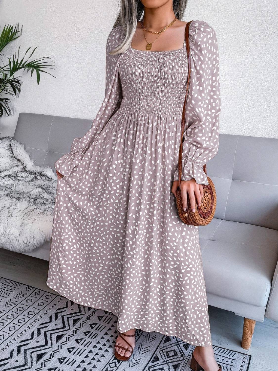 Smocked Square Neck Flounce Sleeve Dress - Siennasass