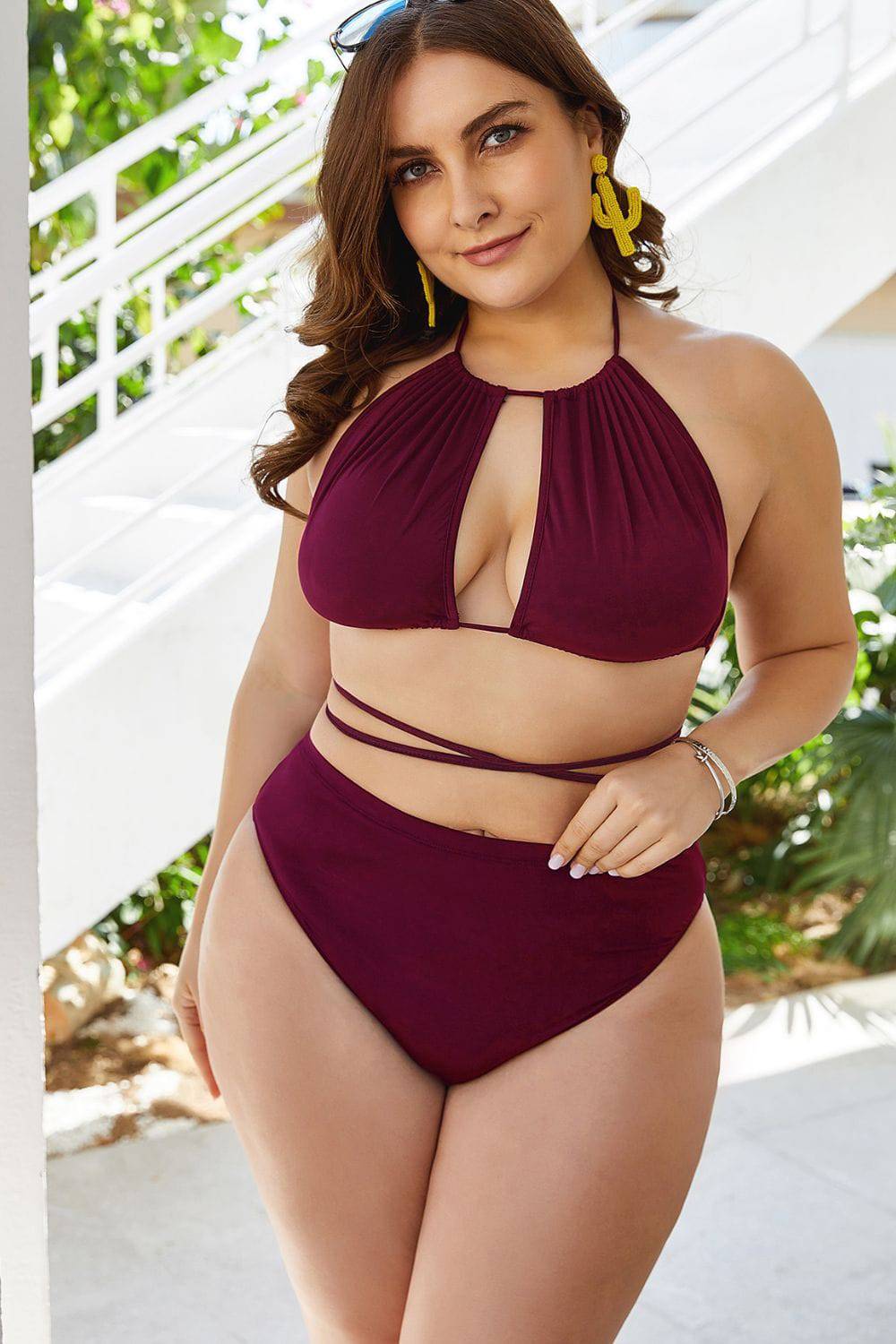 Plus Size Cutout Tied Backless Bikini Set - Siennasass