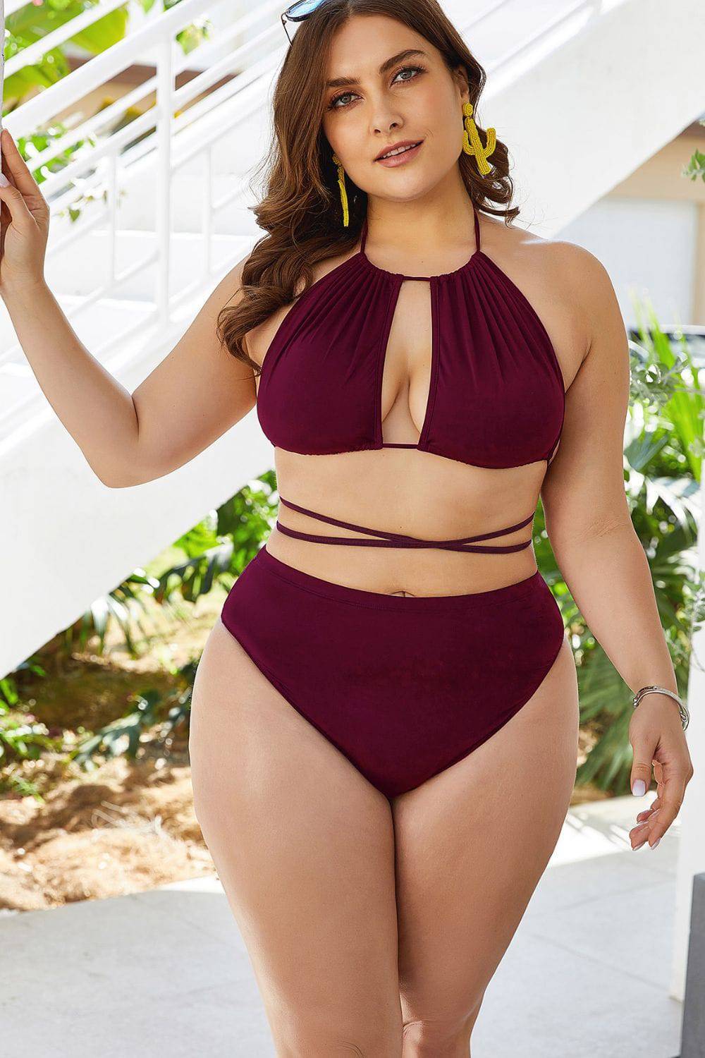 Plus Size Cutout Tied Backless Bikini Set - Siennasass
