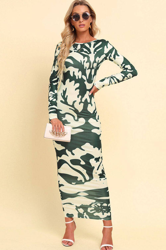 Printed Backless Long Sleeve Maxi Dress - Siennasass
