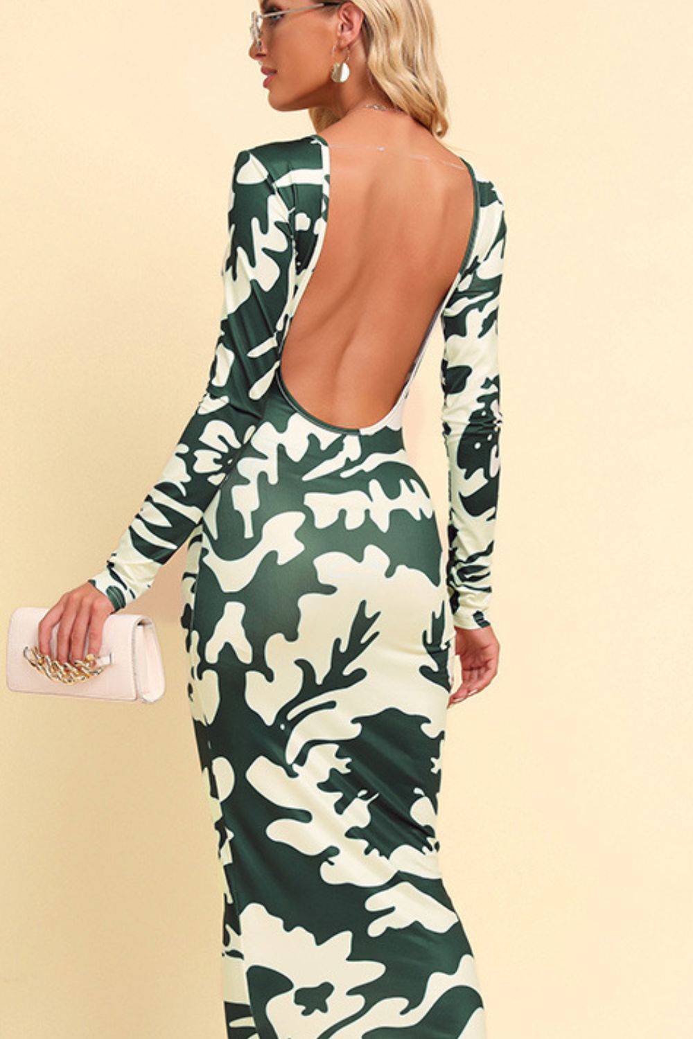Printed Backless Long Sleeve Maxi Dress - Siennasass