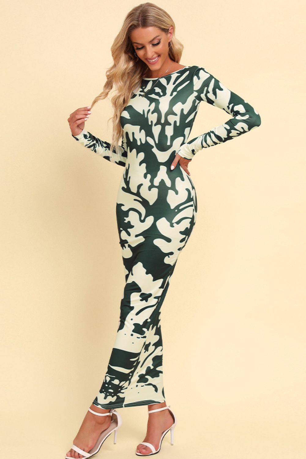 Printed Backless Long Sleeve Maxi Dress - Siennasass