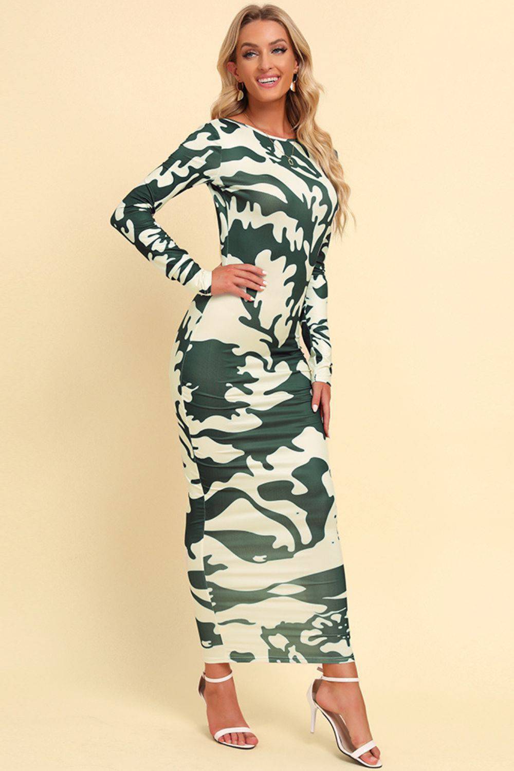 Printed Backless Long Sleeve Maxi Dress - Siennasass
