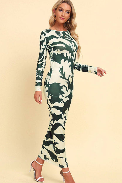 Printed Backless Long Sleeve Maxi Dress - Siennasass