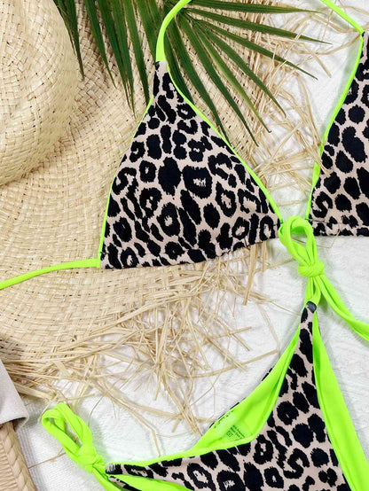 Leopard Print Halter Neck Tie Side Bikini Set - Siennasass