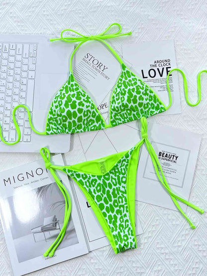 Leopard Print Halter Neck Tie Side Bikini Set - Siennasass