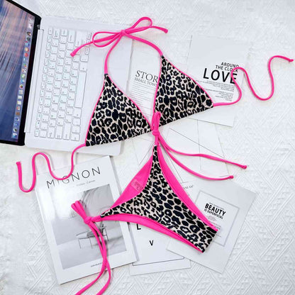 Leopard Print Halter Neck Tie Side Bikini Set - Siennasass